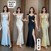 低胸长裙纯欲修身 飞飞袖 显瘦开叉晚礼服连衣裙 性感时尚 2026新款