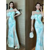 新款 挂脖晚礼服足浴K歌技师工服气质御姐开叉性感印花连衣裙 时尚