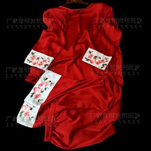 苏绣睡衣家居服套装娘娘同款新年本命年红色真丝醋酸缎刺绣花睡衣