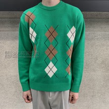 2023冬季 绿色圆领套头宽松打底毛衣拼接色男 Liberclassy韩国代购