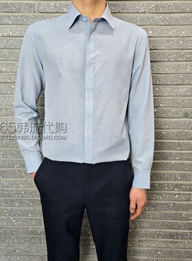 BASSO HOMME韩国代购2025年春季韩版蓝色方领休闲长袖衬衫工装男