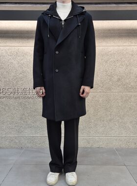 Liberclassy韩国代购25年冬季黑色脱卸帽单排扣中长羊毛呢大衣男