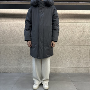 Liberclassy韩国代购2025年冬季韩版炭灰色脱卸帽加厚中长羽绒服