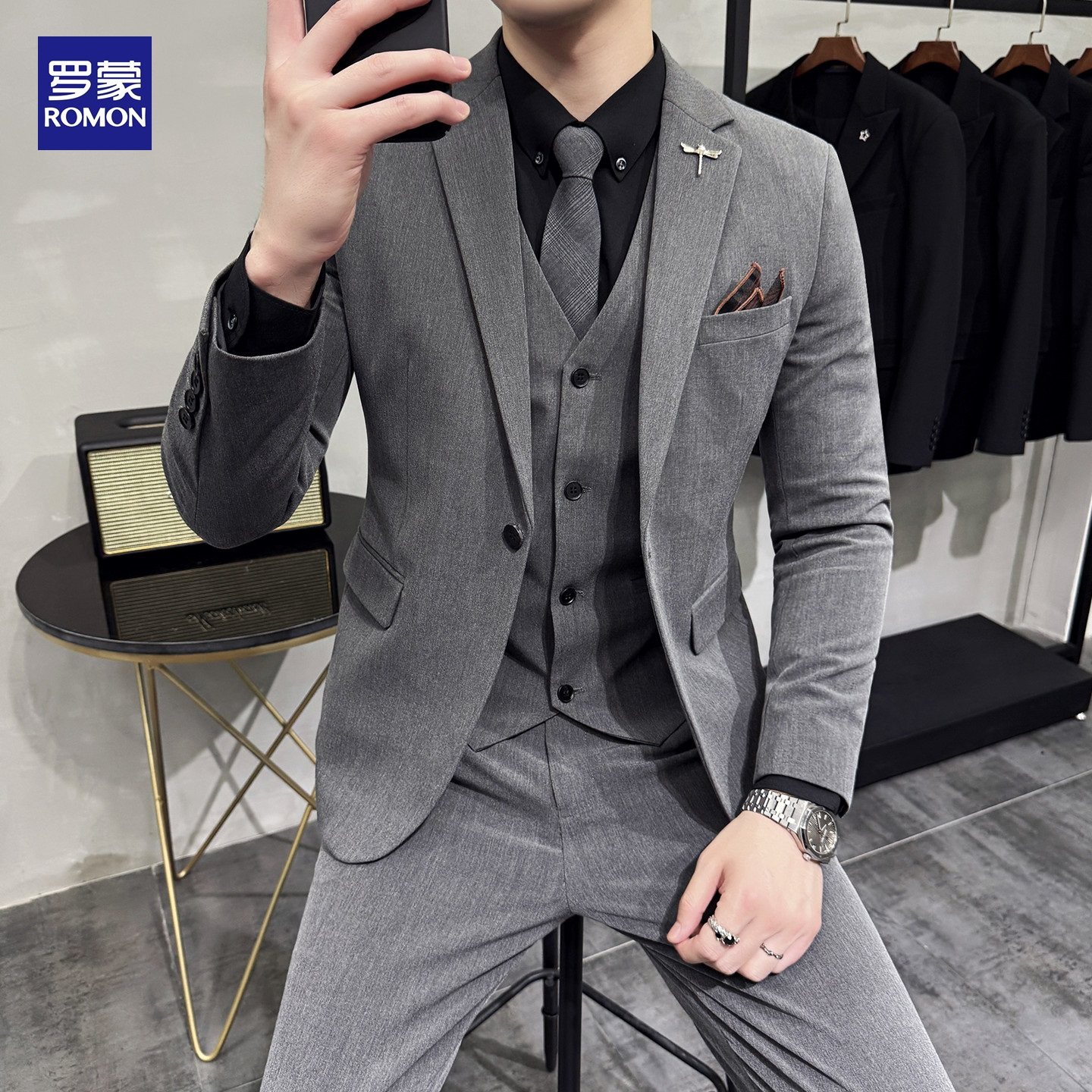 罗蒙西服套装男士商务职业正装高级感修身小西装订婚新郎结婚礼服