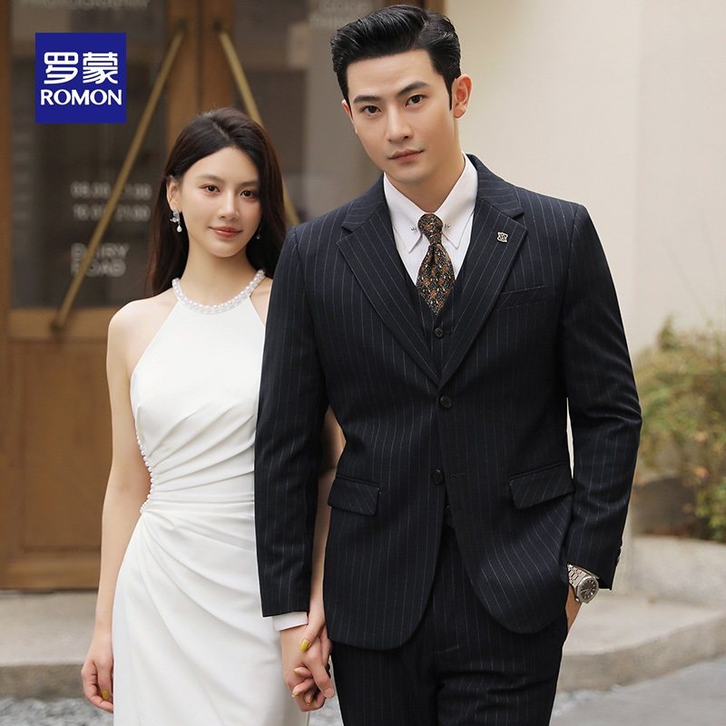 罗蒙条纹西服套装男士商务正装高级感休闲西装男修身新郎结婚礼服