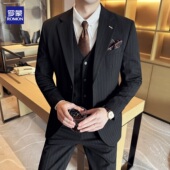 男士 三件套西装 商务正装 罗蒙条纹西服套装 西装 高级感新郎结婚礼服