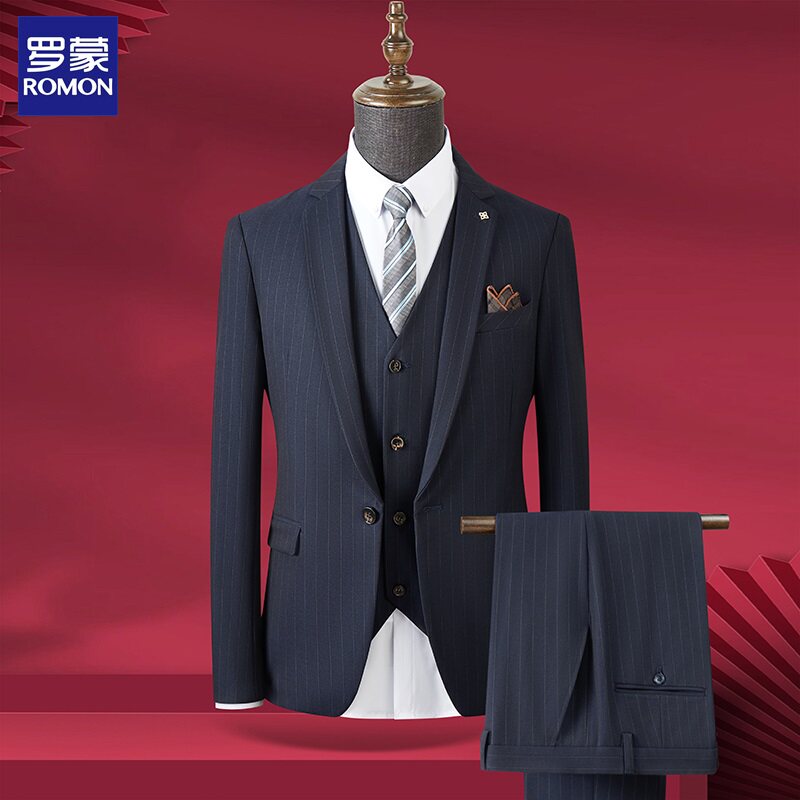 罗蒙新郎西服套装男士商务休闲正装条纹修身小西装高级感结婚礼服