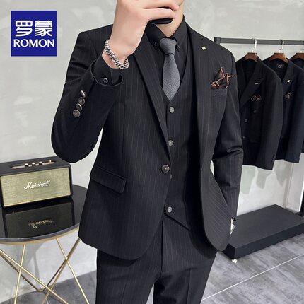 罗蒙条纹西服套装男商务正装高级感修身西服新郎结婚礼服英伦外套