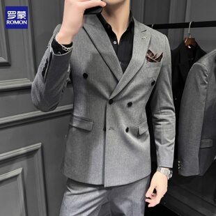 罗蒙新郎西服套装男士商务休闲正装高级感双排扣英伦西装结婚礼服