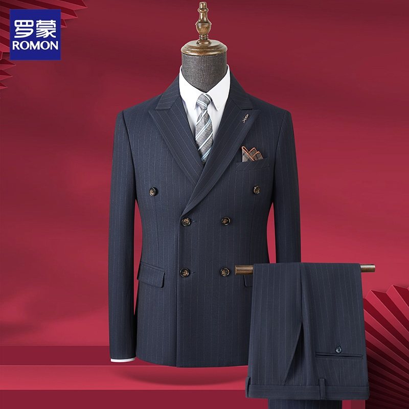 罗蒙新郎西服套装男商务正装修身双排扣条纹西装帅气伴郎结婚礼服