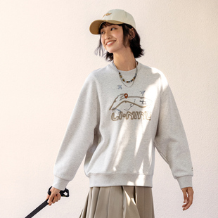 李宁正品 系列女子加绒抗静电宽松百搭套头卫衣AWDUF90 运动时尚