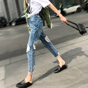 前后破洞牛仔裤女2018春夏季新款百搭高腰磨破毛边哈伦九分裤子潮