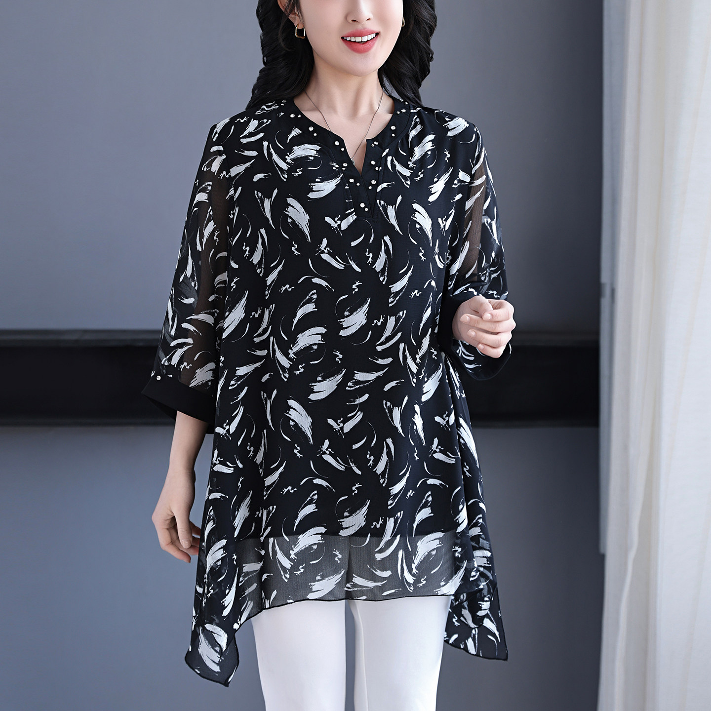 胖妈妈夏装新款雪纺衬衫气质t恤中年女士高端大气上档次上衣减龄