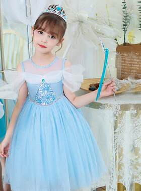 冰雪艾莎公主裙 女童仙女风一字肩连衣裙 小女孩生日宴礼服裙子