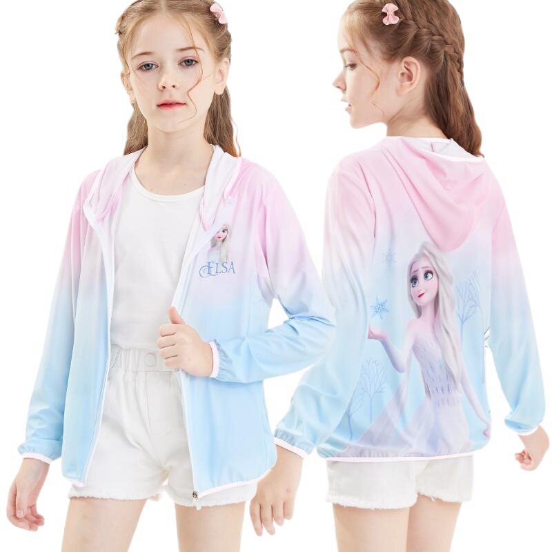 디즈니 걸스 엘사 썬 프로텍션 의류 여름 얇은 통기성 아동용 피부 의류 자켓 아이스 실크 쿨 에어 컨디셔닝 셔츠