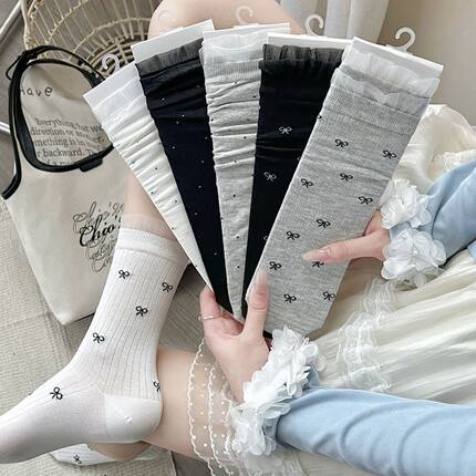 miu系袜子女中筒袜可爱蝴蝶结波点春夏季镂空薄款日系花边中筒袜