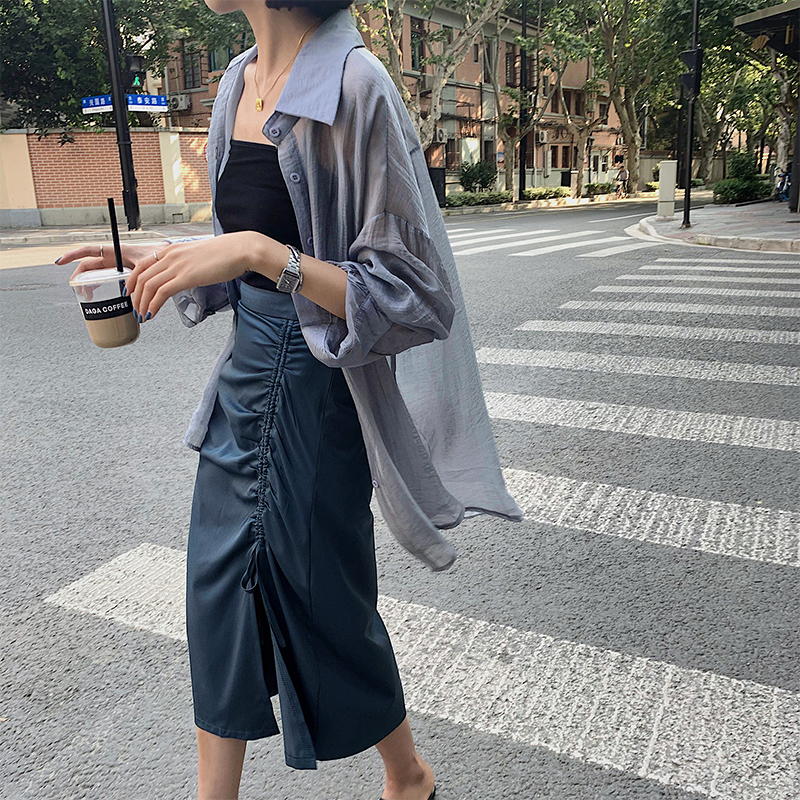 A7seven防晒衬衫女长袖韩版宽松显瘦雾蓝色薄款百搭防嗮衬衣外套(非品牌)