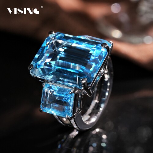 VISING珠宝天然海蓝宝色BB蓝托帕石戒指35ct左右S925银镀金三石款