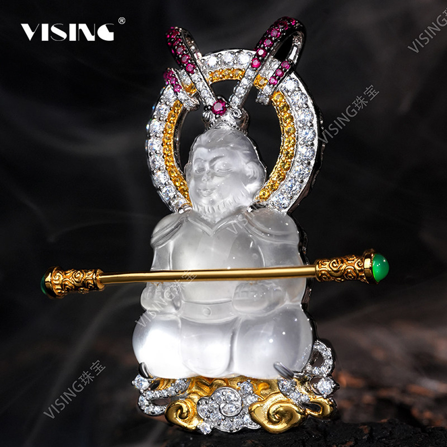 VISING天然石英质玉水沫子孙悟空齐天大圣猴子冰种吊坠毛衣链
