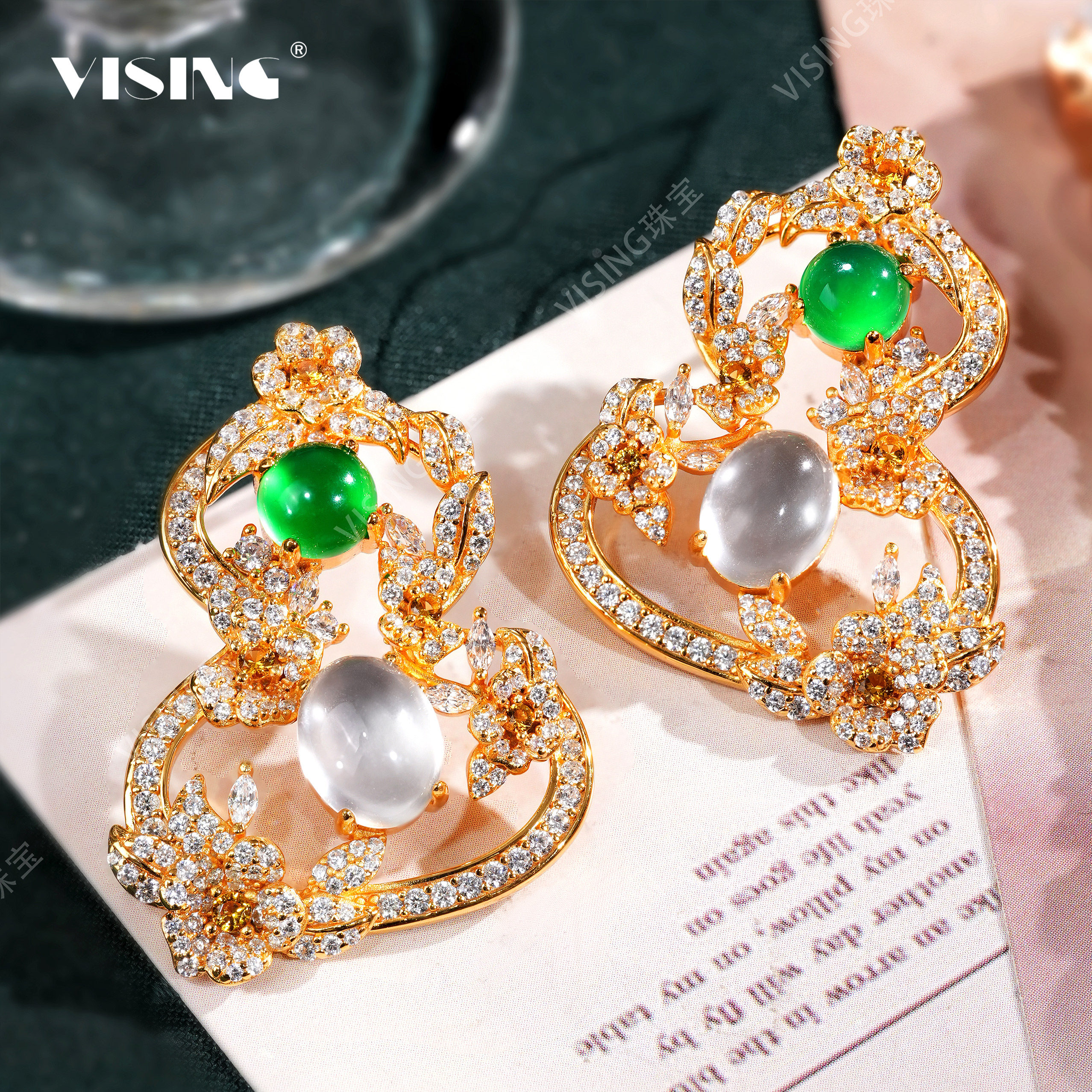VISING天然绿玉髓水沫子金色葫芦耳钉大号耳钉国风设计