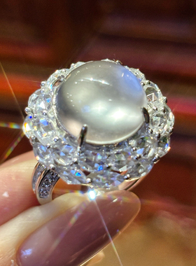 VISING珠宝天然石英质玉水沫玉水沫子爆闪玫瑰钻圆蛋面鸽子蛋戒指