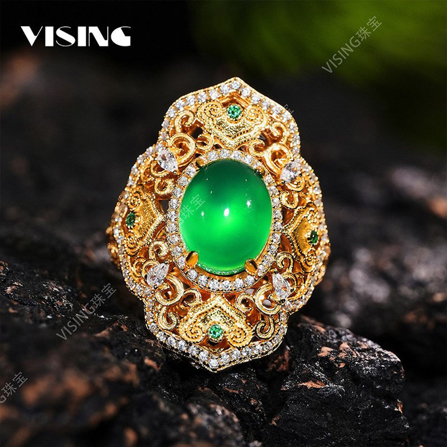 VISING马料绿玉髓鸽子蛋国风设计款掐丝工艺古法金色戒指指环,珠宝/钻石/翡翠,手饰,淘宝优惠券,粉丝福利购,淘宝优惠卷