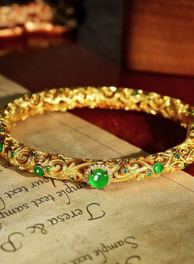 VISING珠宝天然绿玉髓古法黄金色贵妃手镯卷草纹宫廷镯子S925