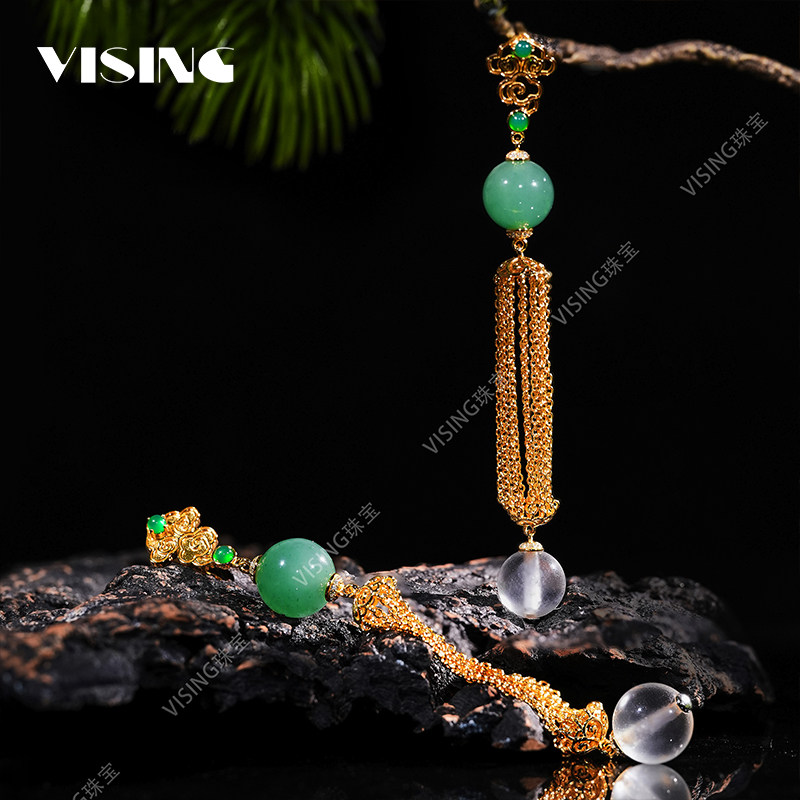 VISING天然石英质玉独龙玉非洲翠水沫子国风金色流苏款耳坠