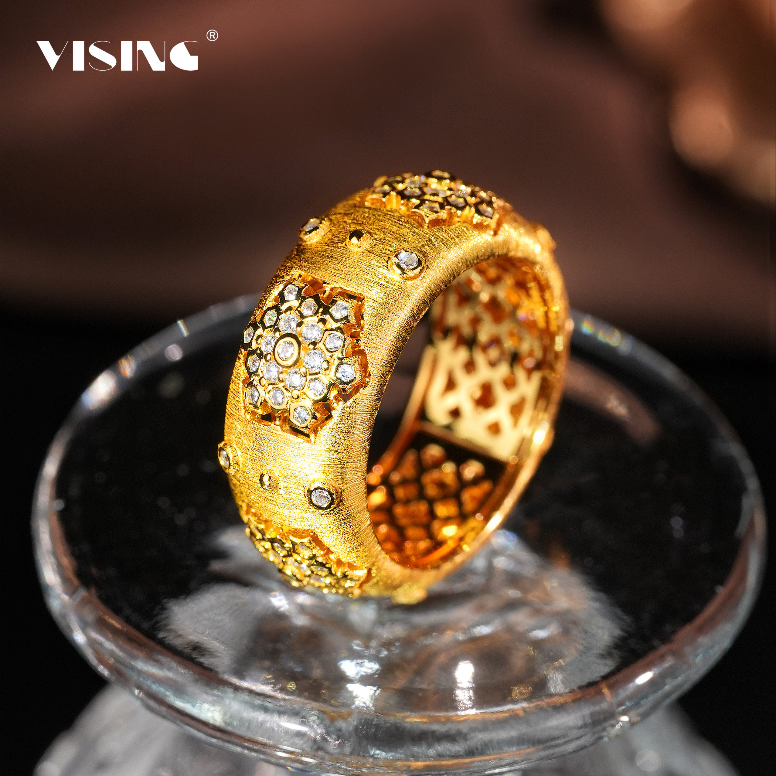 VISING珠宝意大利金色手工拉丝宽版戒指指环S925银厚镀真金