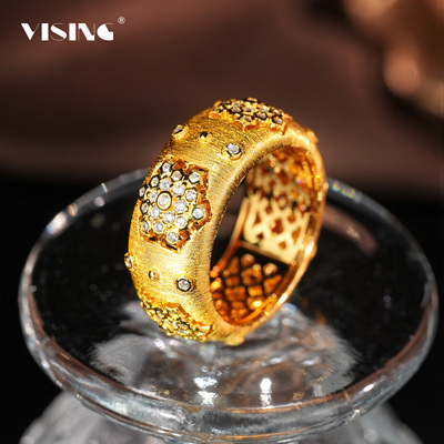 VISING珠宝意大利金色手工拉丝宽版戒指指环S925银厚镀真金
