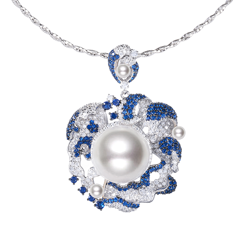 VISING冷光贝珠蓝色浪花吊坠项链锁骨链中式配饰媲美珍珠