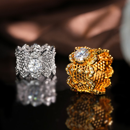 VISING珠宝1克拉D色莫桑钻戒蕾丝戒指S925银厚镀真金金色银色