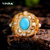 VISING珠宝黄金色人造仿蓝松睡美人珍珠戒指S925银超重工