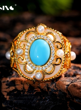 VISING珠宝黄金色人造仿蓝松睡美人珍珠戒指S925银超重工