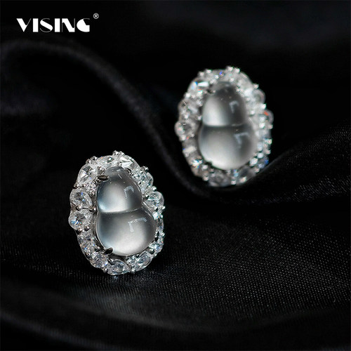 VISING珠宝天然石英质玉水沫玉炸光小葫芦耳钉S925银