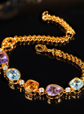 VISING珠宝天然水晶托帕石多宝糖果手链手串紫水晶黄水晶古巴链