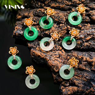 VISING珠宝天然非洲翠玫瑰花朵平安扣吊坠项链锁骨链S925银