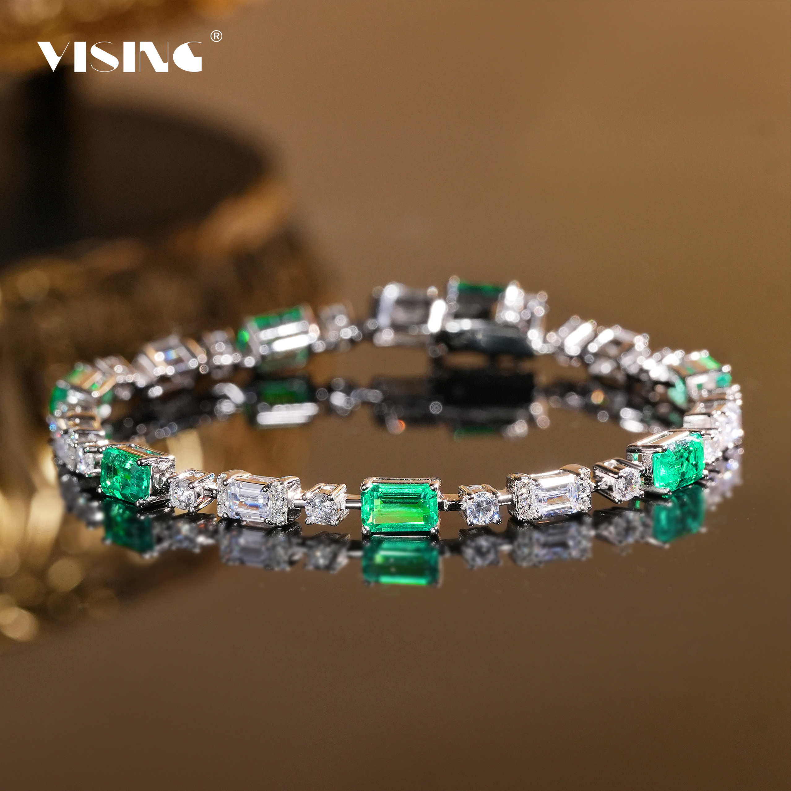 VISING实验室培育祖母绿3.5克拉爆闪手链哥伦比亚木佐色绿宝石