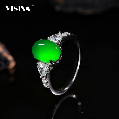 VISING珠宝天然绿玉髓玛瑙三石款戒指小精品指环鸽子蛋S925银镀金