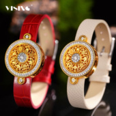 VISING珠宝八宝罗盘金色手表腕带双色牛皮表带S925银