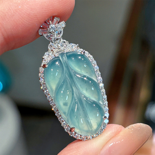 VISING天然A货翡翠高冰种树叶吊坠项链晴水蓝水老坑料新中式