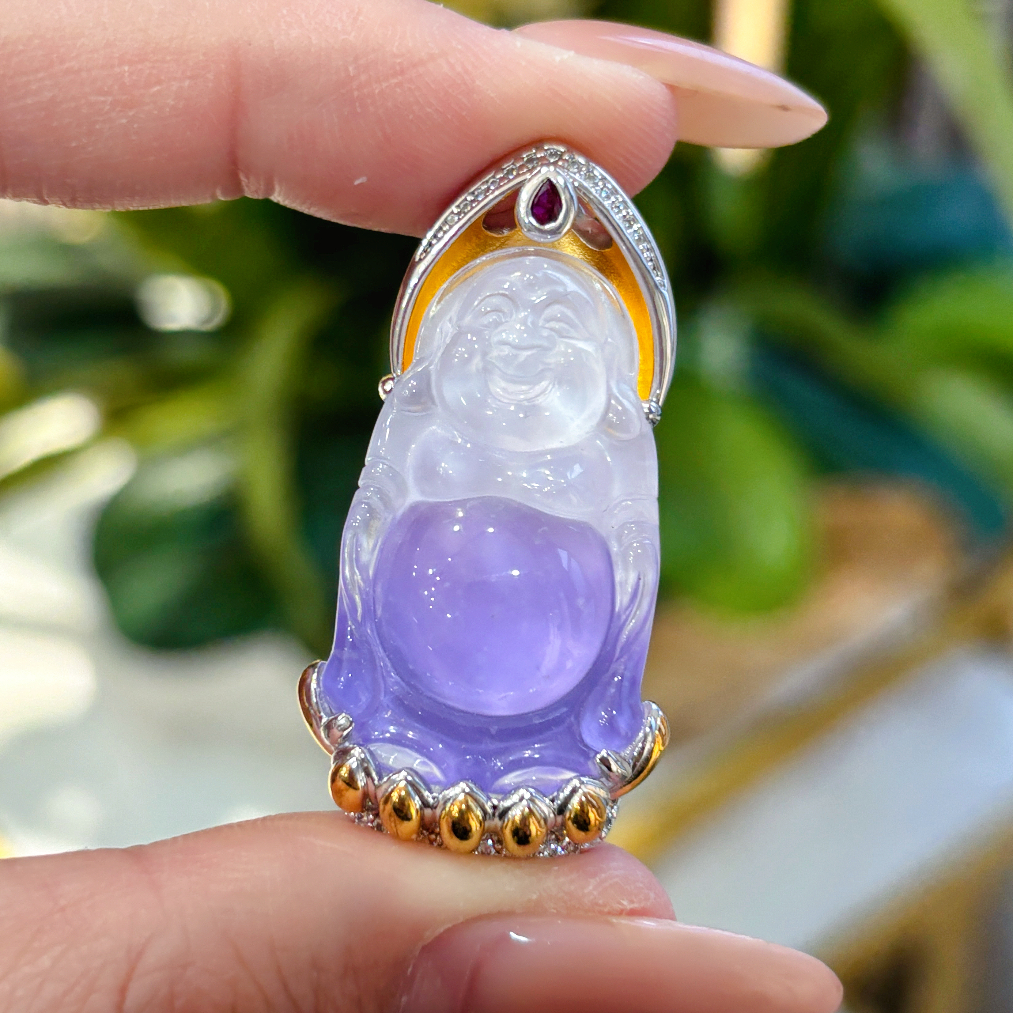 VISING珠宝天然水沫玉紫色紫罗兰垫色渐变佛公站佛吊坠项链锁骨链