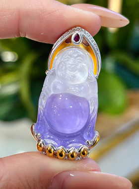 VISING珠宝天然水沫玉紫色紫罗兰垫色渐变佛公站佛吊坠项链锁骨链