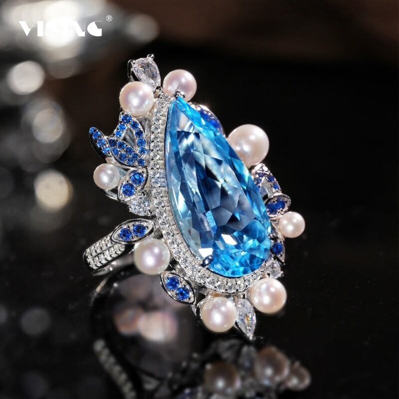 VISING珠宝天然托帕石珍珠水滴戒指13ct左右S925银