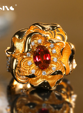 VISING培育红宝石【AGL国际证书】1克拉戒指黄金色花开富贵S925银
