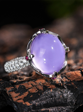 VISING天然水沫玉石英质玉紫罗兰紫色垫色鸽子蛋戒指