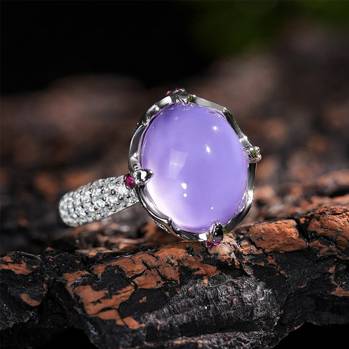 VISING天然水沫玉石英质玉紫罗兰紫色垫色鸽子蛋戒指