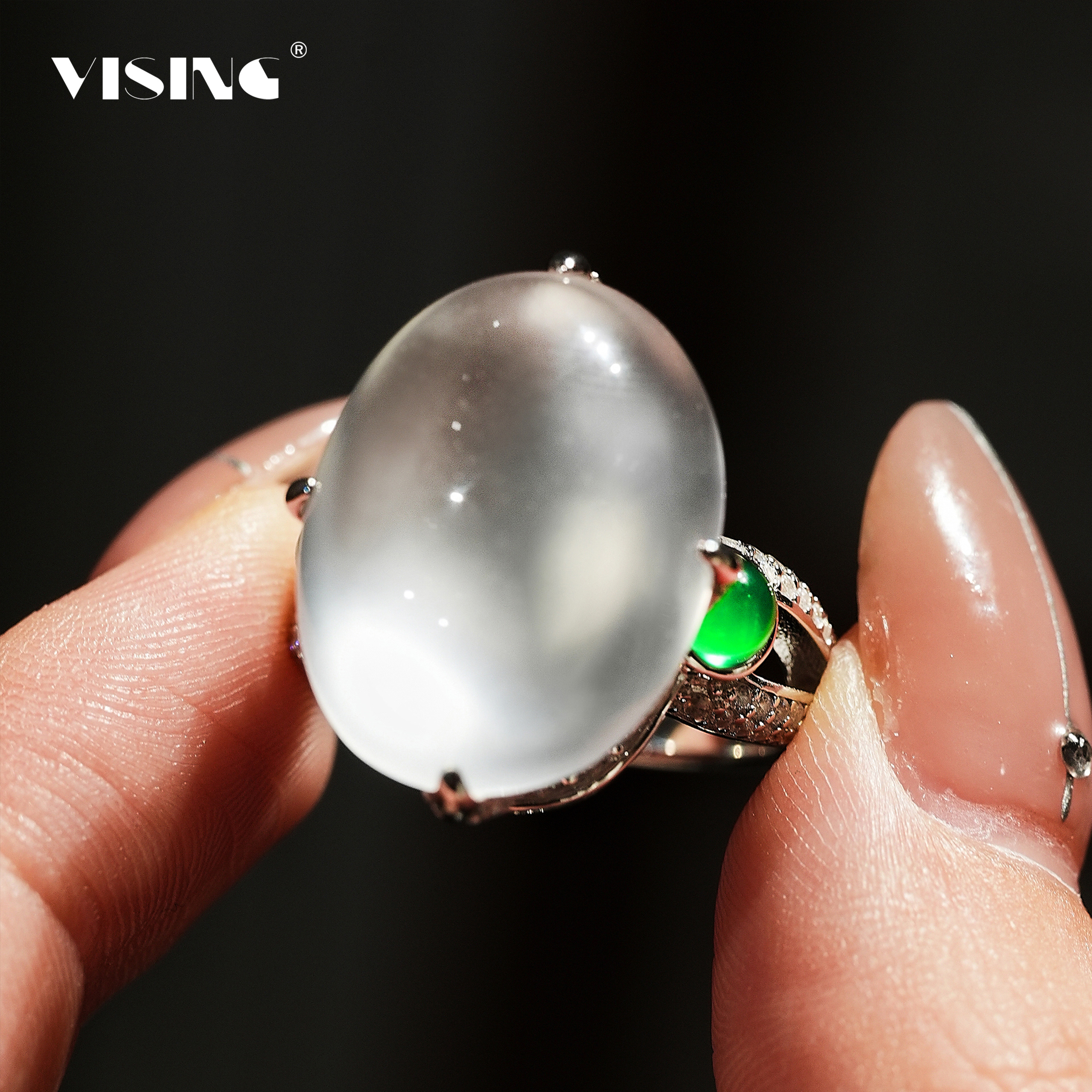 VISING天然石英质玉水沫玉鸽子蛋戒指手饰新中式国风媲美翡翠