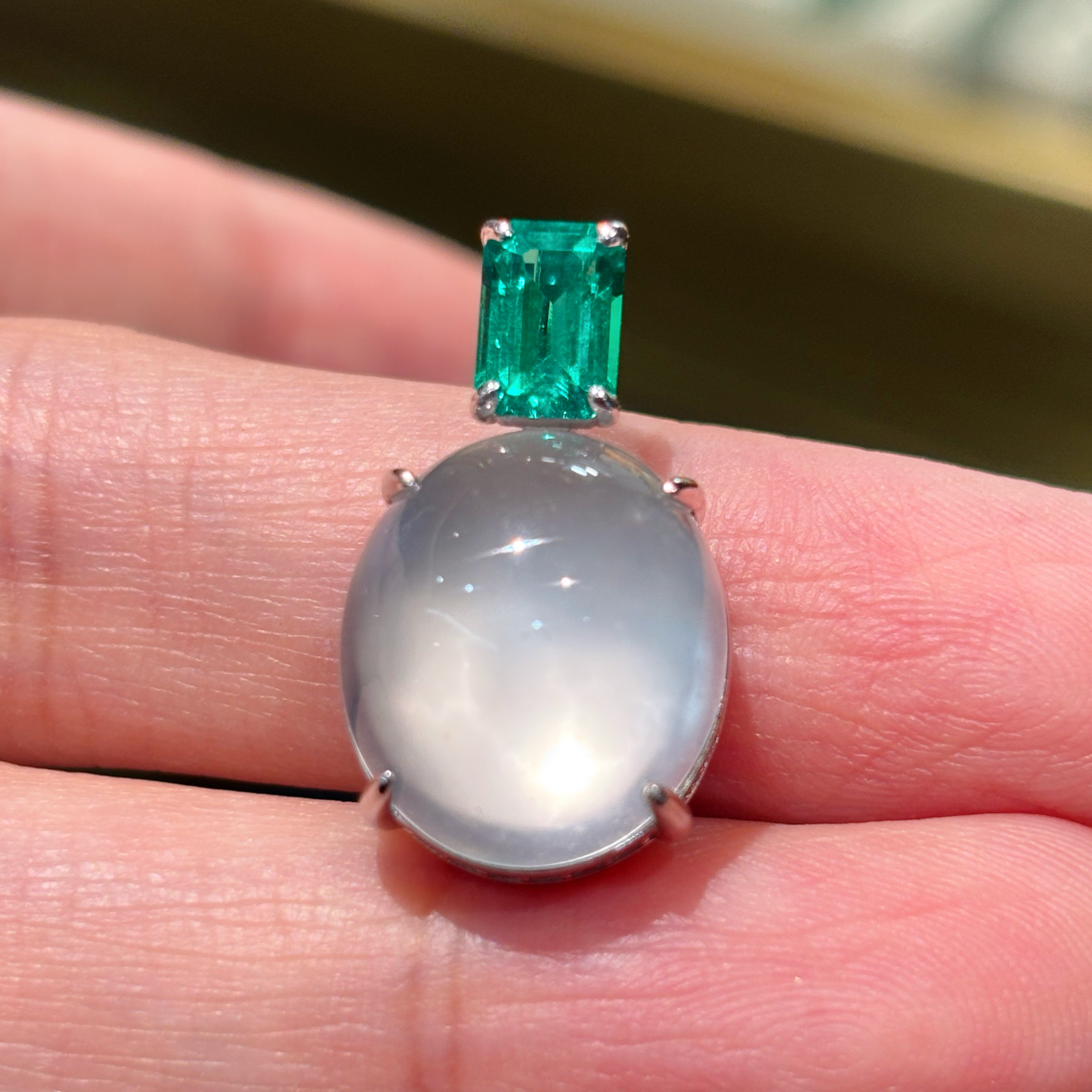 VISING珠宝天然水沫玉石英质玉培育祖母绿宝石鸽子蛋吊坠锁骨链