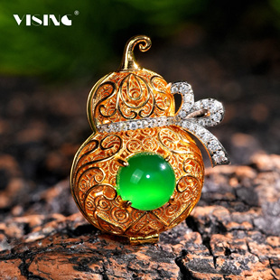 VISING珠宝天然绿玉髓花丝镶嵌金色小葫芦吊坠项链锁骨链